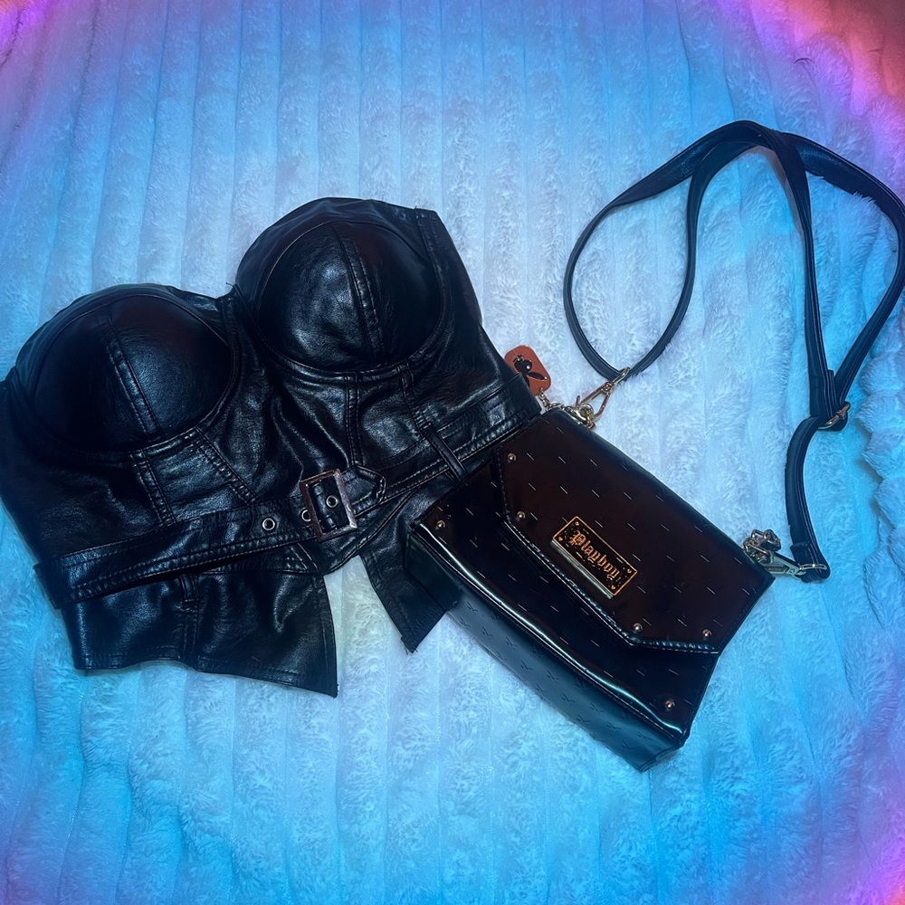 Fashion Nova Black Leather Bustier and Play Boy Crossbody Bag bundle 🔥